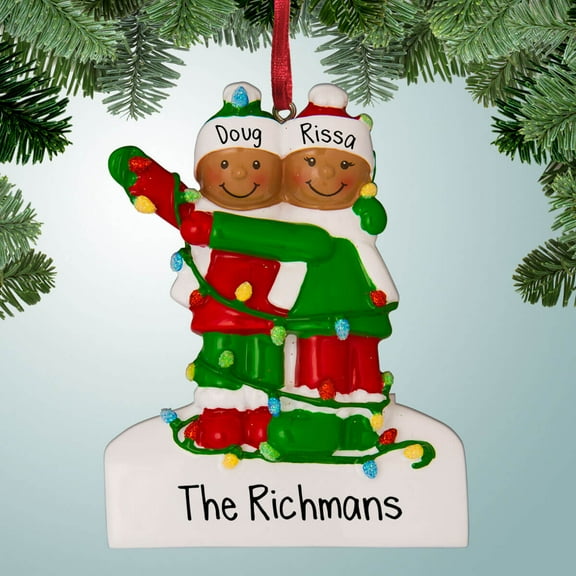Tangled Lights Couple African American - Personalized Christmas Ornament - Family of 2,3,4,5,6 - Decorating the Tree - Great Gift Ideas