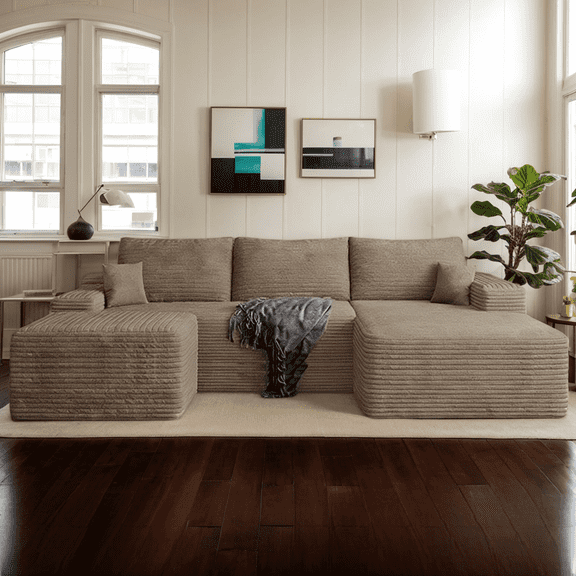 Eyisean Oversized Corduroy Sectional Boneless Couch, 108" W U Shaped Modular Sectional Sofa with Chaise/Ottoman, No Assembly Required, Compress Couches for Living Room