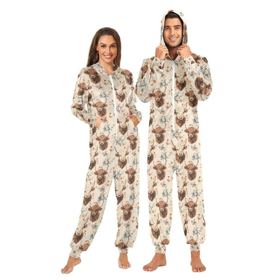 joogoo Highland Cattle Floral Unisex Adults Onesies Pajamas Jumpsuits L
