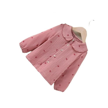 Cute Gingham Shirt Long Sleeve Pink Color Young Girls Blouses (Girl's)