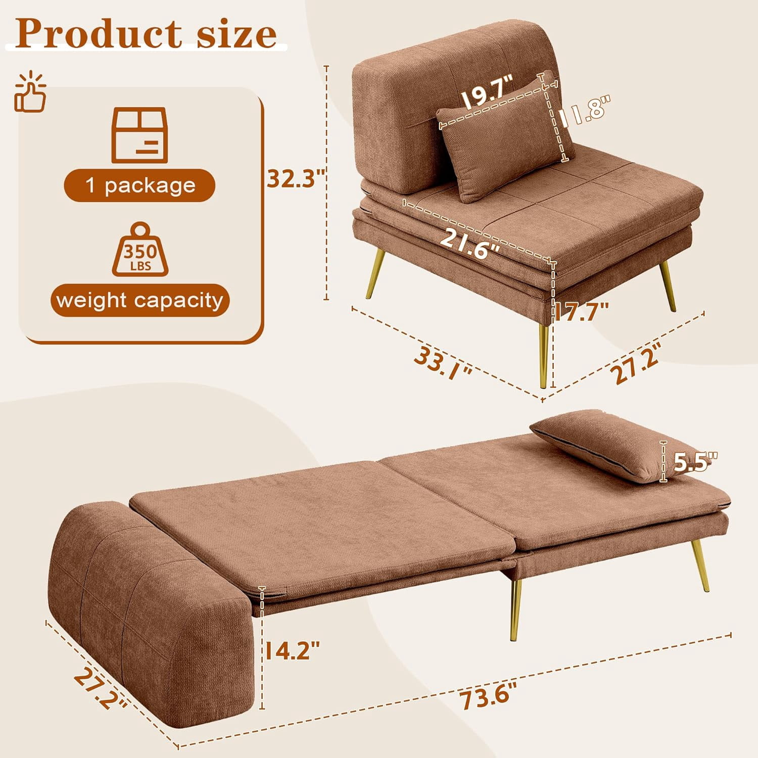Akaber 3-in-1 Futon Sofa Bed, Chenille Sleeper Chair with Back Support & Pillow, Wood Frame, Metal Legs