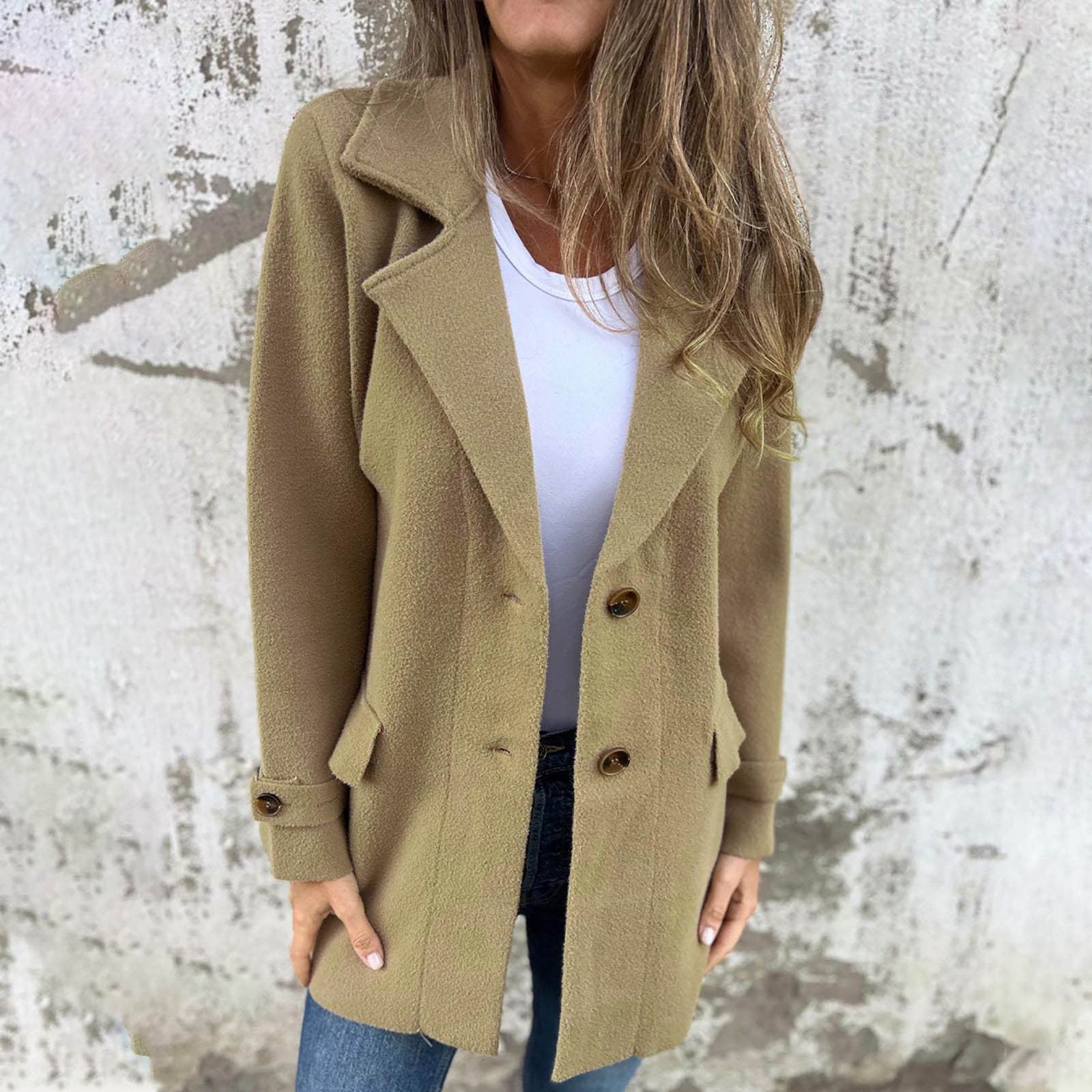 JGGSPWM Women's Wool Blend Coat Fall Lapel Single Breasted Mid Length Trench Jacket Open Front Solid Long Sleeve Peacoat Blazer Overcoat Khaki S