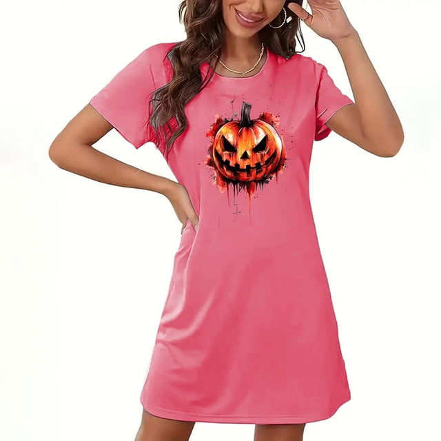 Pyjamas d'Halloween pour Femmes, Grande Taille, Robe de Nuit Courte avec Imprimé Poitrine et Col Rond, Tissu Polyester Doux pour un Sommeil Confortable Ou Tenue Décontractée