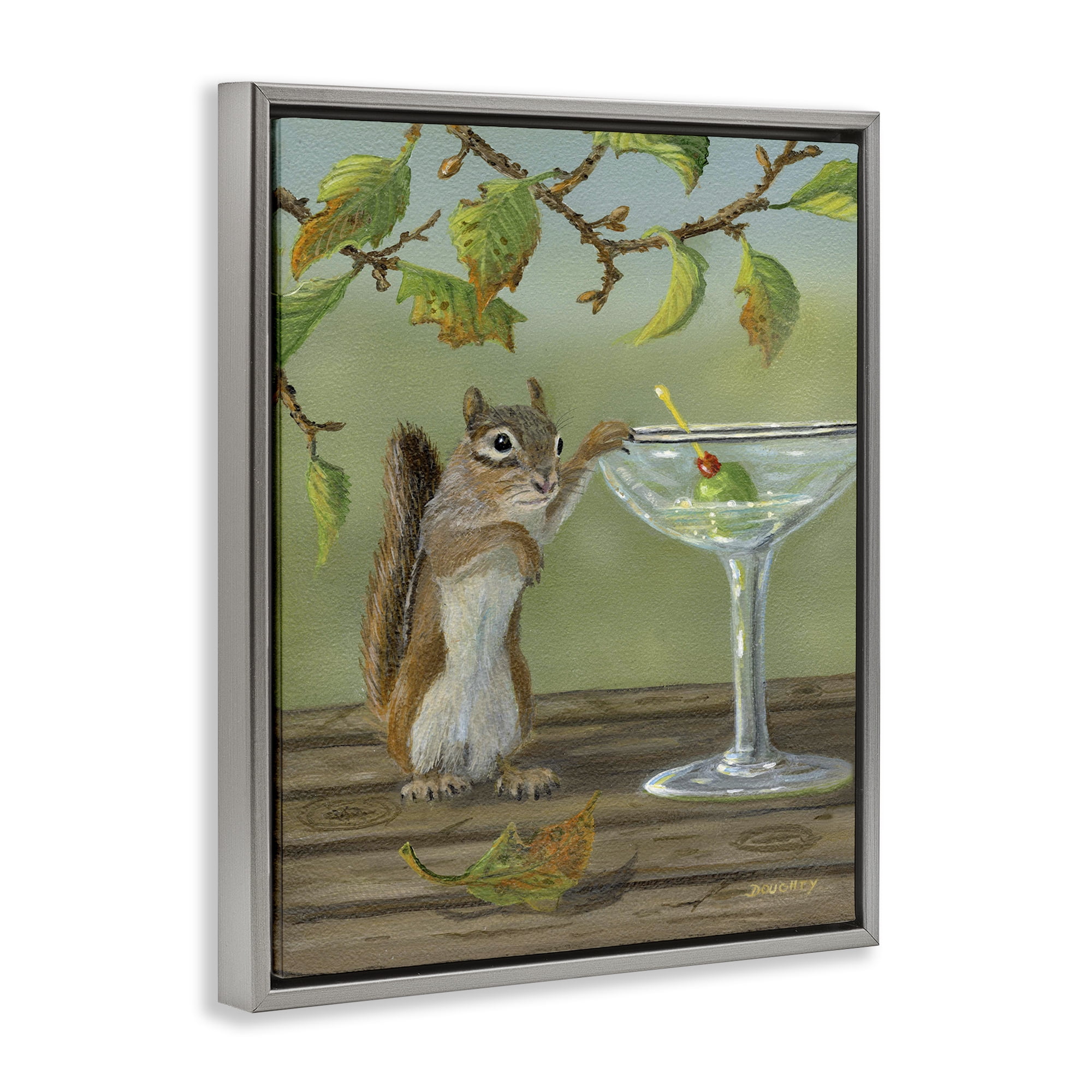 Stupell Industries Happy Hour Chipmunk Food & Beverage Painting Gray Floater Framed Canvas Art Print Wall Art, 25 x 31