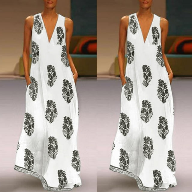 Robe d'Été Sans Manches Décontractée Col en V Boho Florale pour Femmes Grande Taille