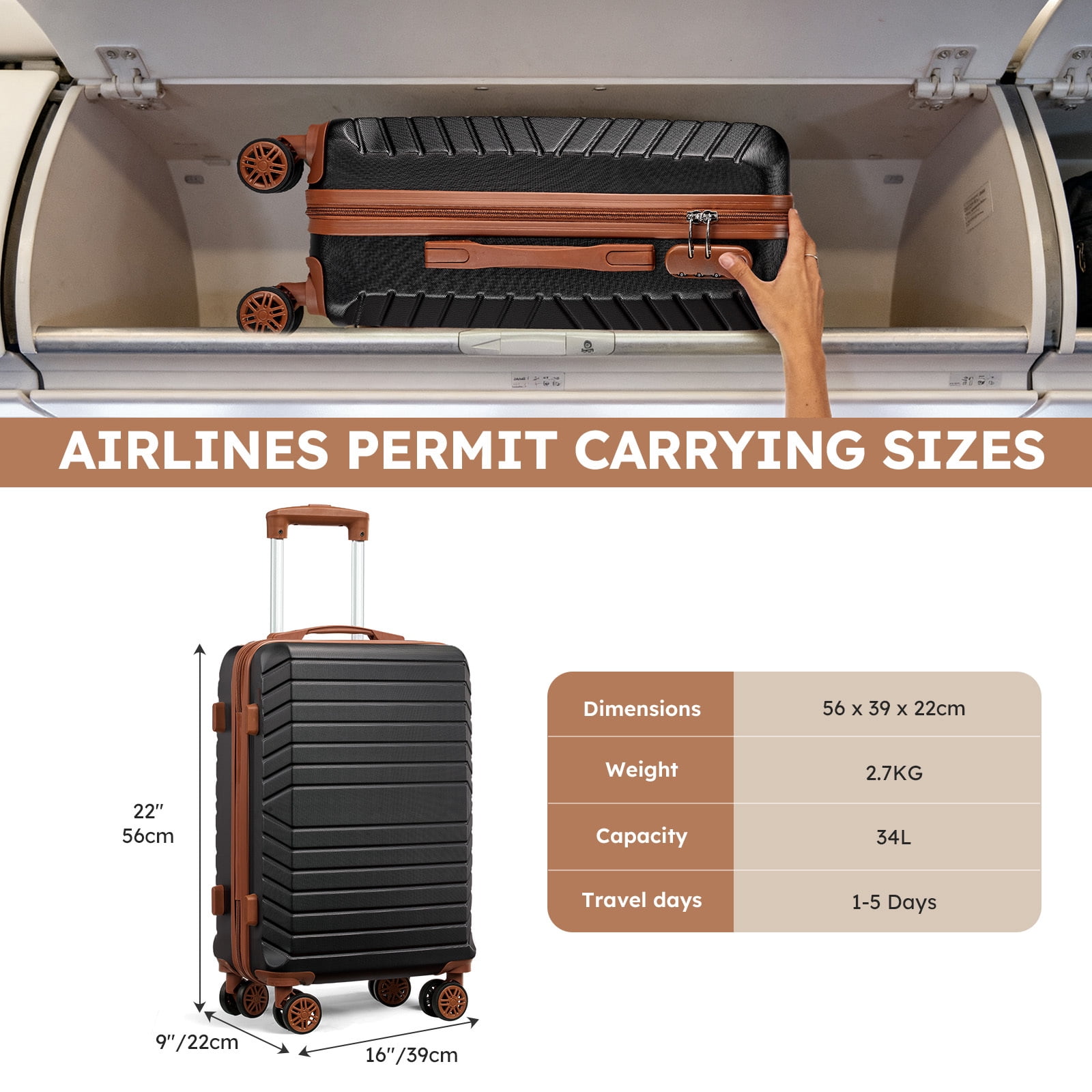 20" Carry-on Luggage Set,Hardside Lightweight ABS Suitcase with 7 Pieces Organizer Bags,Black Tan
