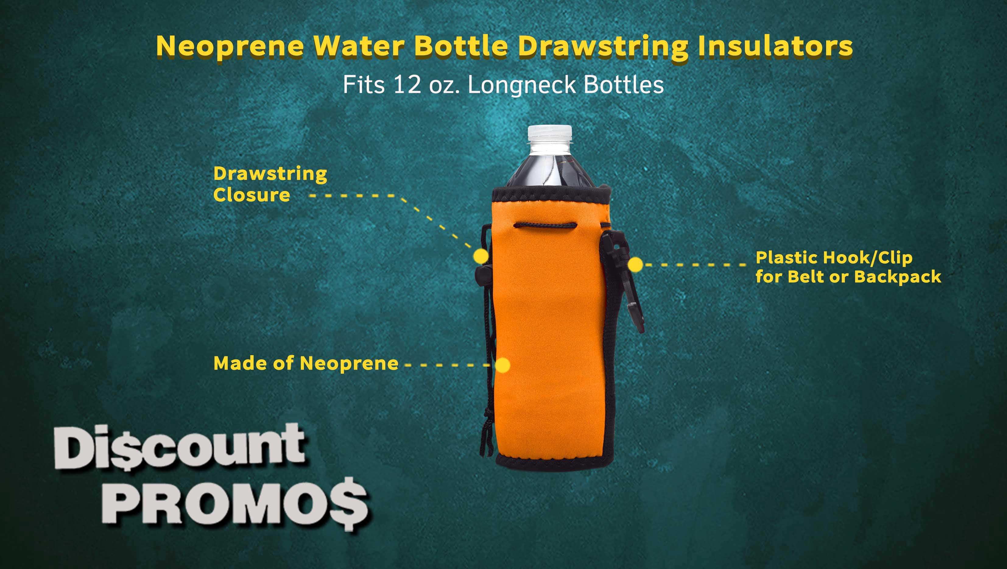 10 Neoprene Water Bottle Drawstring Insulators Pack - 12 oz. Longneck, Hook - Neon Orange