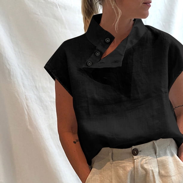 Blusa de algodón para mujer, cuello alto, abotonado lateral, manga corta, tallas grandes, moda infor Abanopi Negro/Pequeña