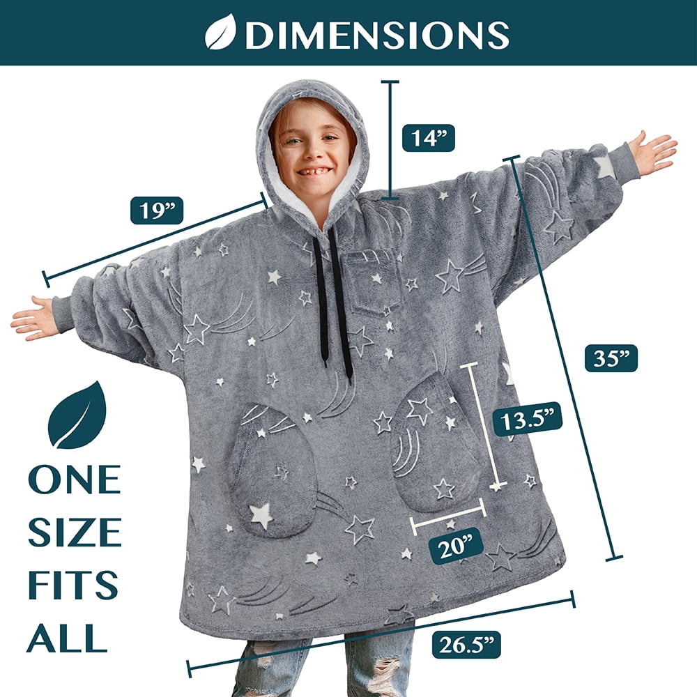 PAVILIA Wearable Blanket Sweatshirt for Kids Boy Girl, Warm Cozy Giant Hoodie with Two Pockets and Long Sleeves, Fleece Sherpa Oversized Hooded Blanket Pullover Gift for Teens Youths, Glow Star Gray
