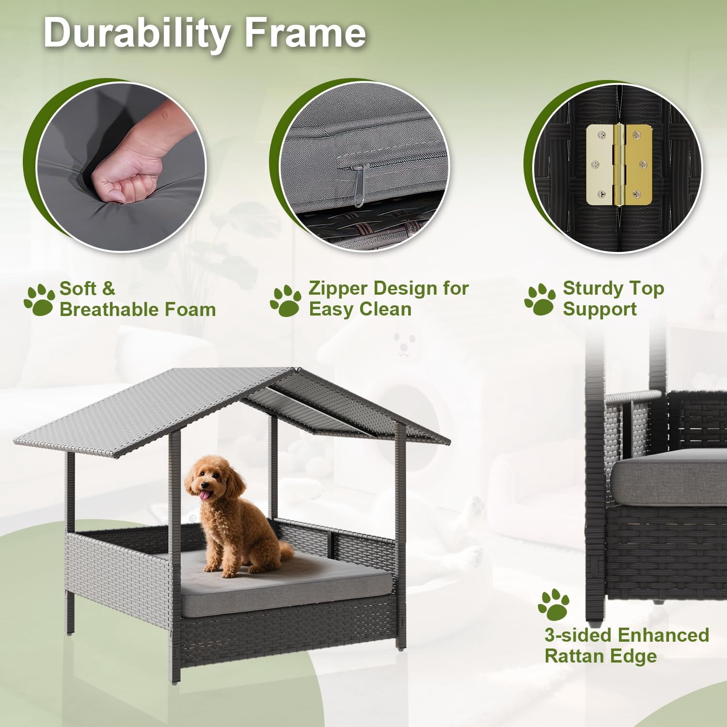 Wicker Dog House Outdoor Indoor with Canopy and Removable Cushion, Elevated Rattan Dog Bed Shelter for Small/Medium Dogs, Weather Proof Cushion Cover Pet Cabana for Patio, Deck, Pool, Yard,Black