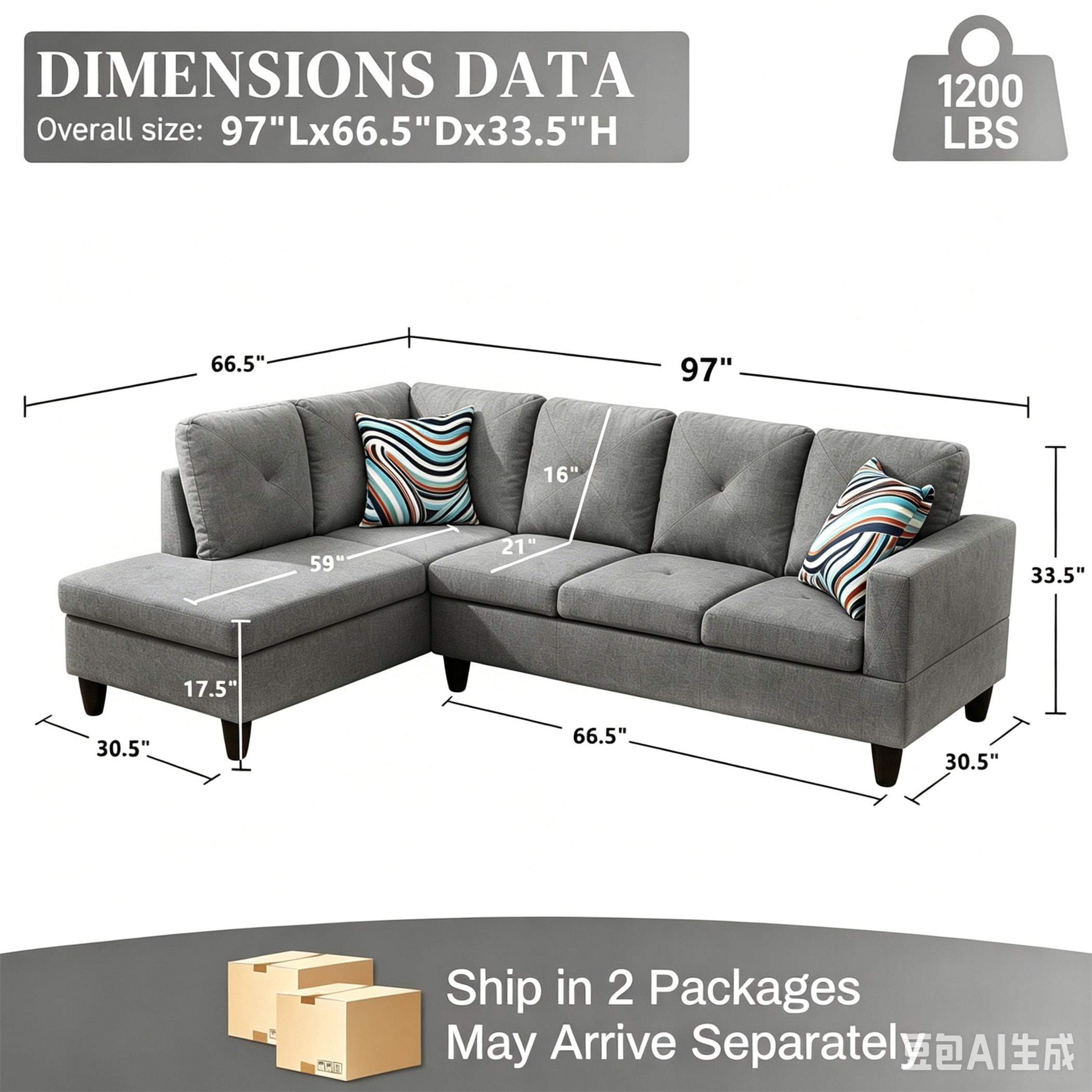 Aukfa 97" Classic Sectional Sofa 4 Seat L shape Couch for Living Room, 2Pillows, Oversized Left Chaise, Linen, Gray