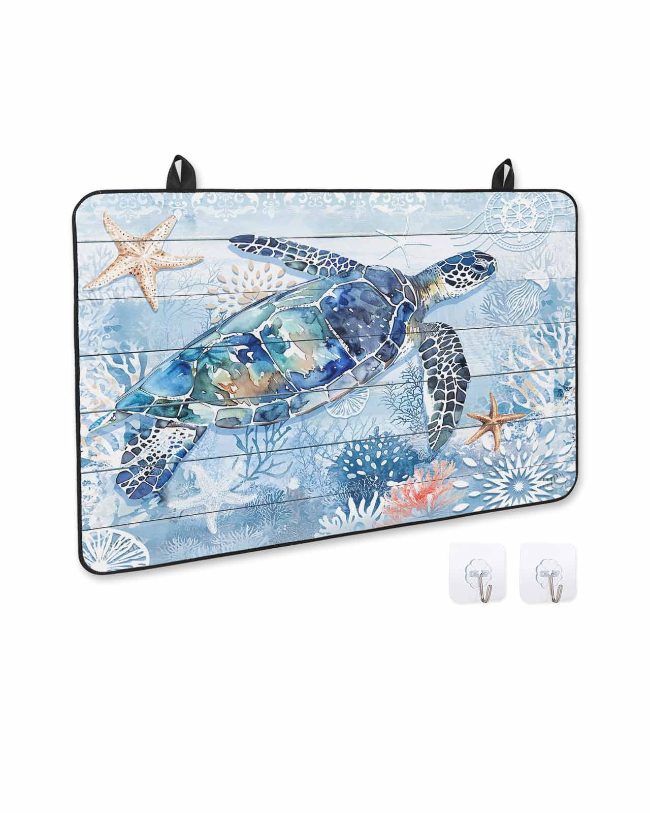 nqOlkjepod Large Induction Cooktop Protector Mat 24"x21", Coastal Turtle Stove Top Covers for Electric Stove, Blue Nautical Starfish Coral Jellyfish Stove Burner Cover Mats, Glass Top Stove Cover