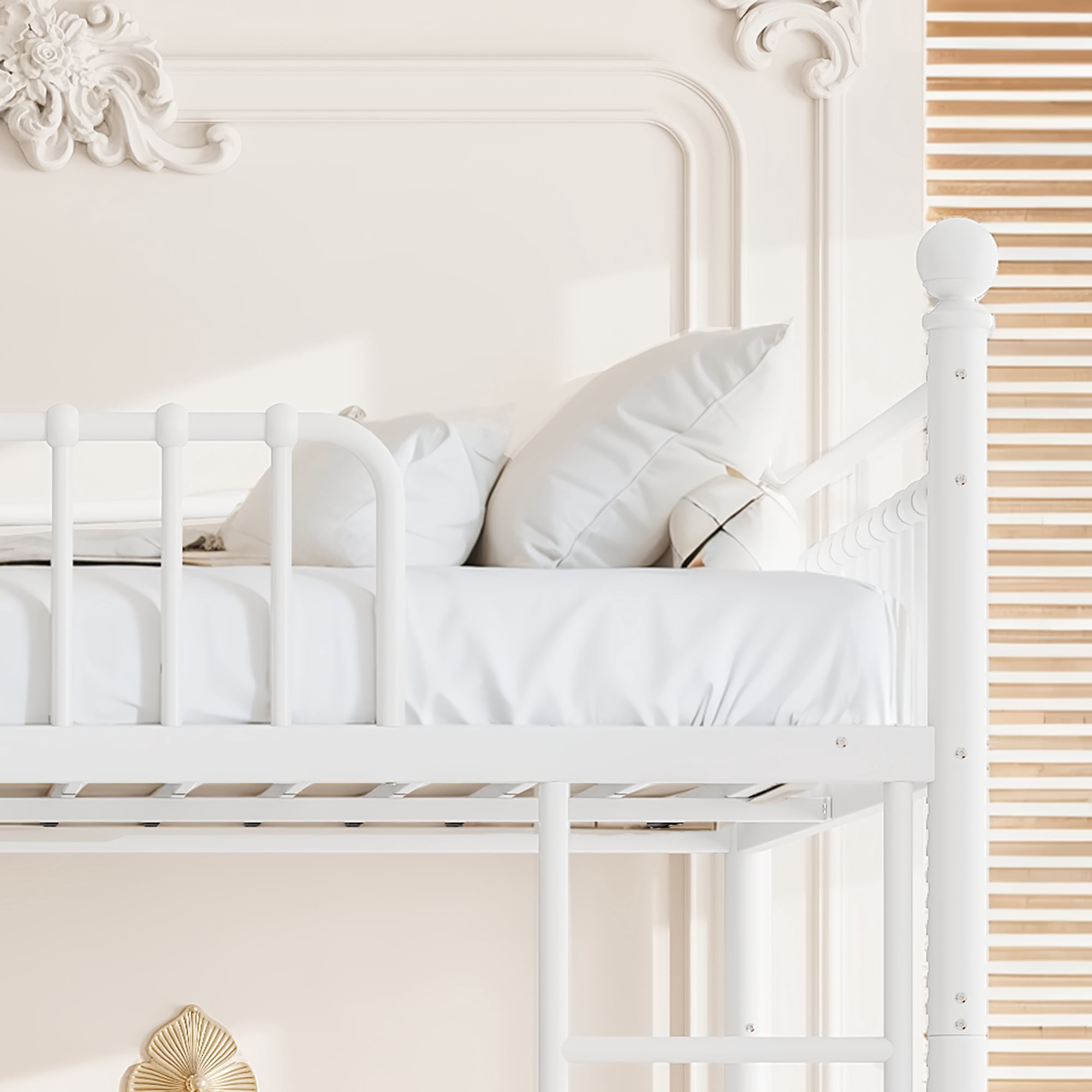 Queen Over Queen Metal Bunk Bed 87.8 Inch, Curved Guardrail Round Tube Frame for Kids Teens Adults, No Box Spring Needed, White