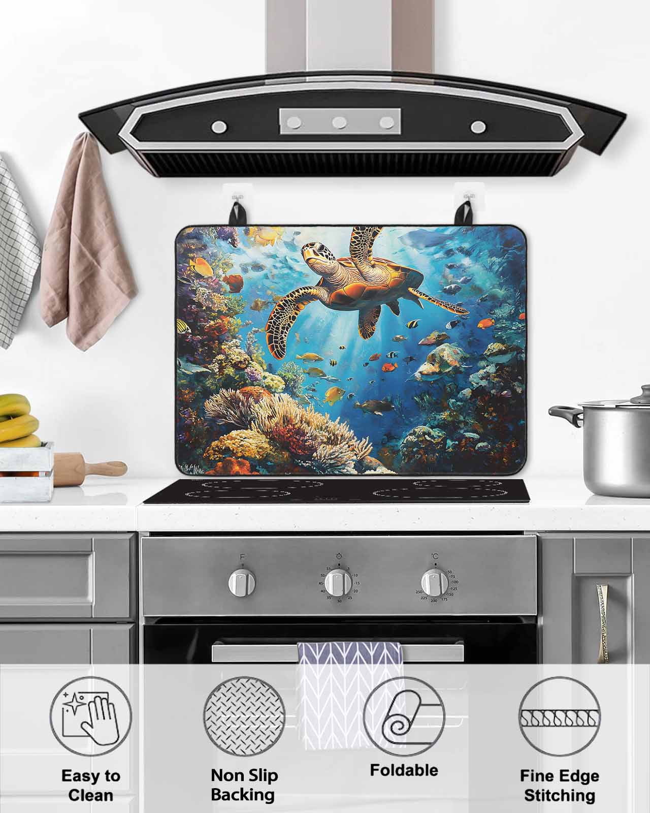 nqOlkjepod Large Induction Cooktop Protector Mat 36"x21", Turtle Stove Top Covers for Electric Stove, Ocean Underwater Coral Fish Animal Modern Stove Burner Cover Mats, Glass Top Stove Cover
