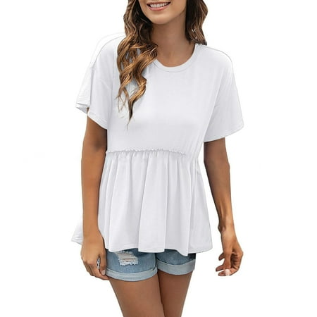 safuny Women s Summer Trendy Babydoll Tops Clearance Solid Lace Tops Short Sleeve Tees V Neck Shirts Button Leisure Vintage Clothing Fashion White S
