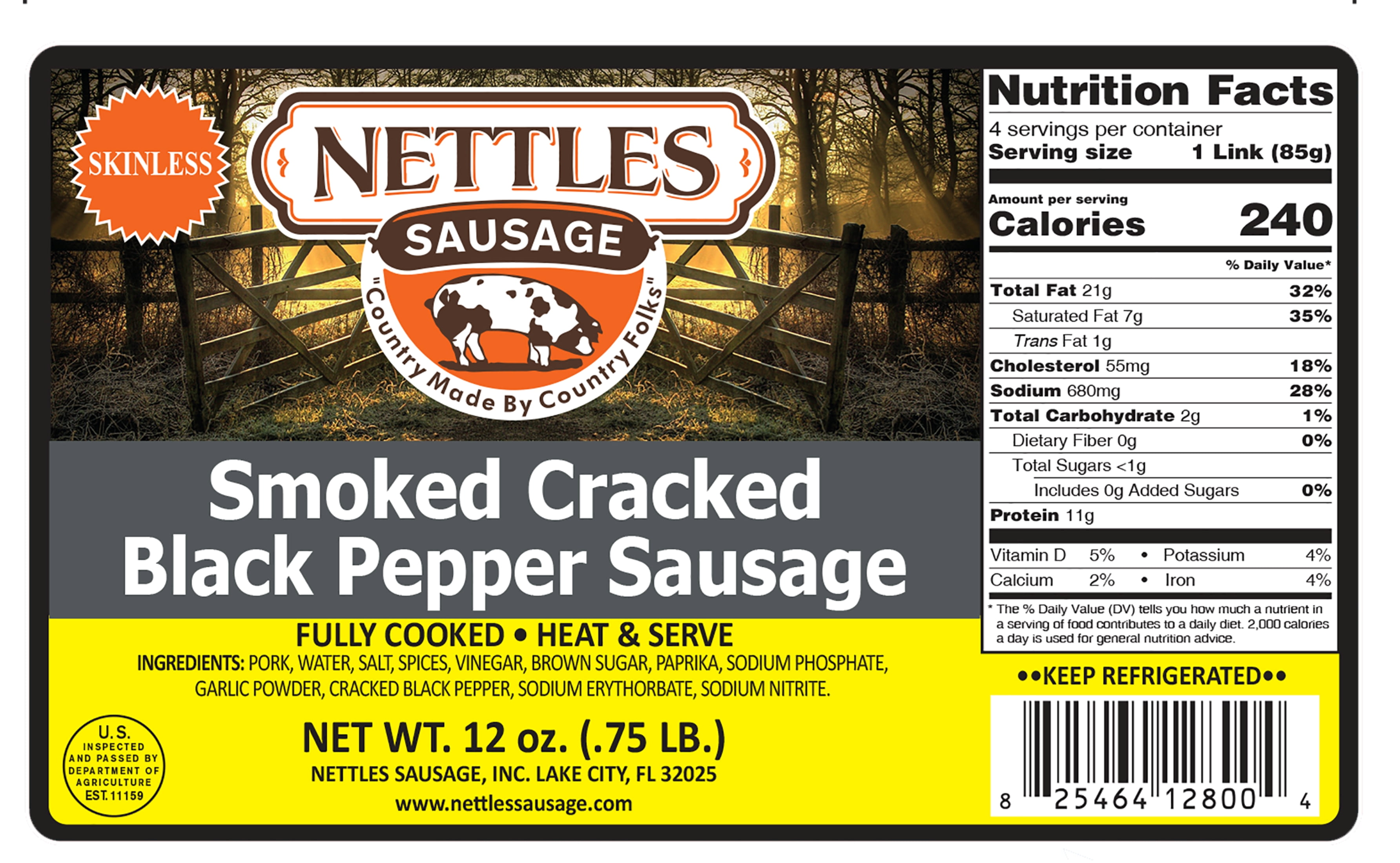 NETTLES SAUSAGE Smoked Cracked Pepper Sausage, 12 oz. (.75 LB.), 6 Count