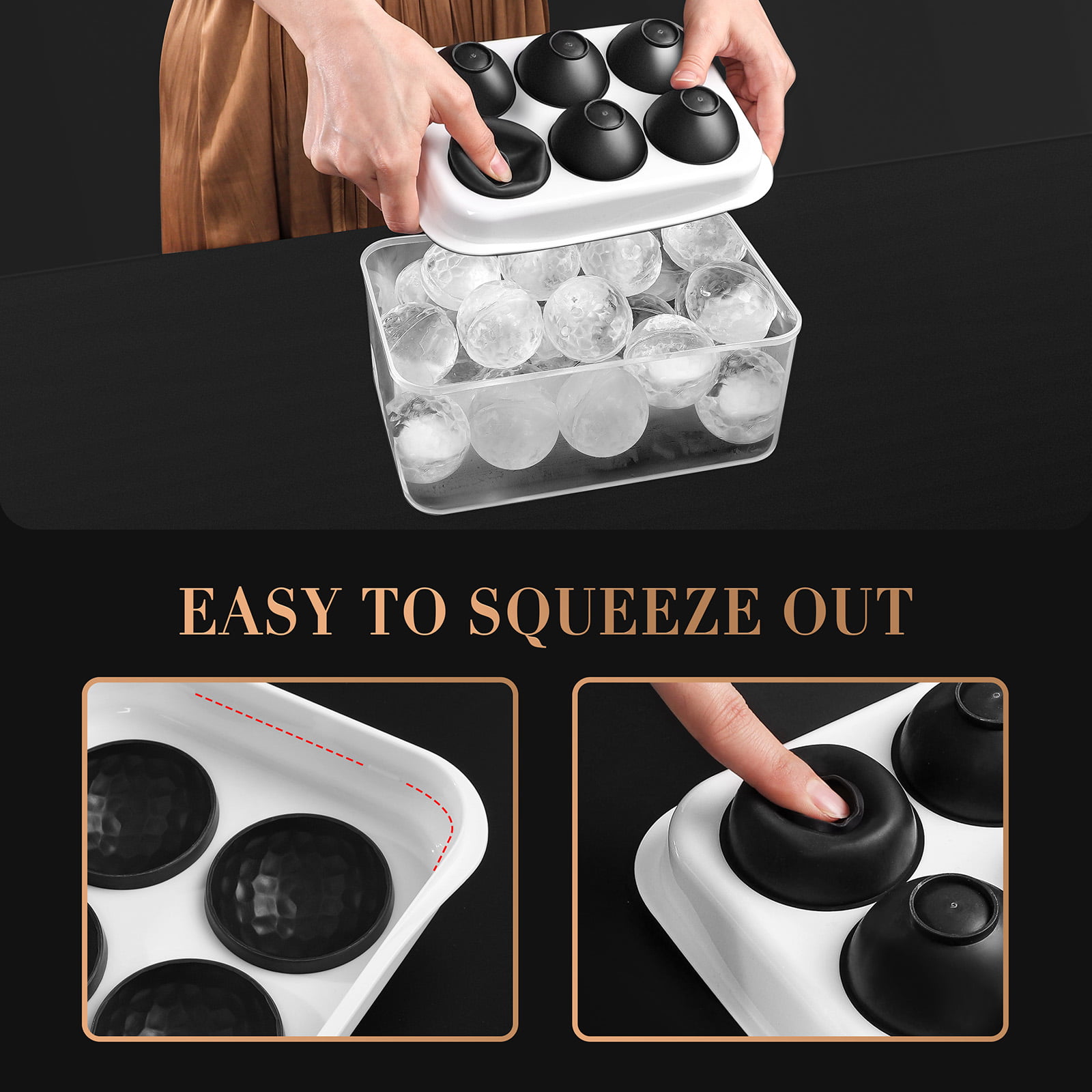 RYCORE Large Round Ice Cube Mold with Bin - 2.5 inch Whiskey Ice Ball Mold - Sphere Ice Mold for Cocktails - Easy Fill System , Black, Size: 10.000 x 6.500 x
