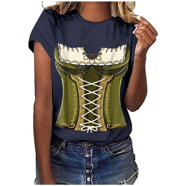 Pompotops Blouse Décontractée Mode Femme Imprimé Oktoberfest Col Rond T-Shirt Blouse Imprimée Tee Liquidation
