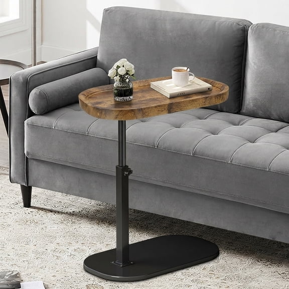 Liyufly C-Shaped End Table, 360° Rotating Adjustable Height Couch Side Tables for Sofa / Bed / Bathtub, Brown-Concave