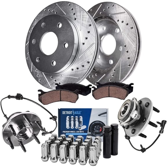 Detroit Axle - 4WD Front Drilled Rotors Brake Pads Wheel Bearing Hubs 24pc Lug Nuts w/keys for Sierra Silverado Suburban 1500 Express 2500 Tahoe Yukon Escalade ESV EXT