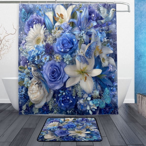 TTYFWHD 60" x 72" Shower Curtain and Bath Mat Set Blue and White Crystal Roses Waterproof Bathroom Curtain with 12 Hooks, Bathroom Decor Set