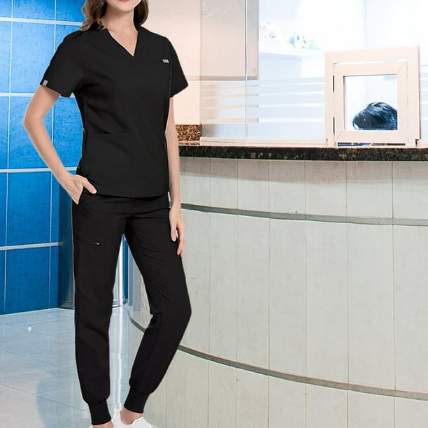 Esquirla Nursing Outfit Scrub Set with Pockets, Nurse Top Pants,  Comfortable Workwear for Black S
