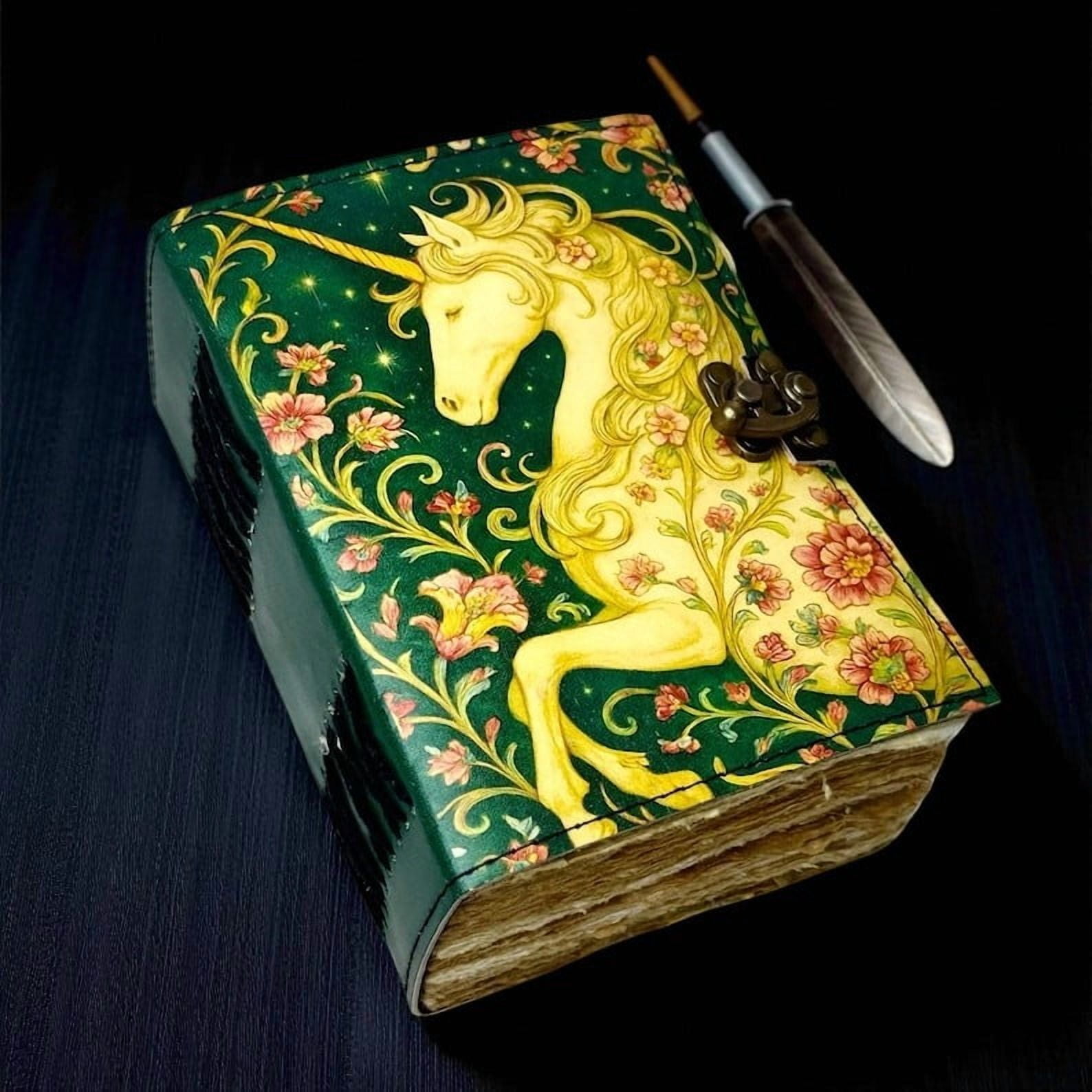 Unicorn Leather Grimoire – Celestial Spell Book of Shadows, 200 Pages Vintage Witchcraft Spellbook, Wiccan Pagan Gothic Witchy Gift