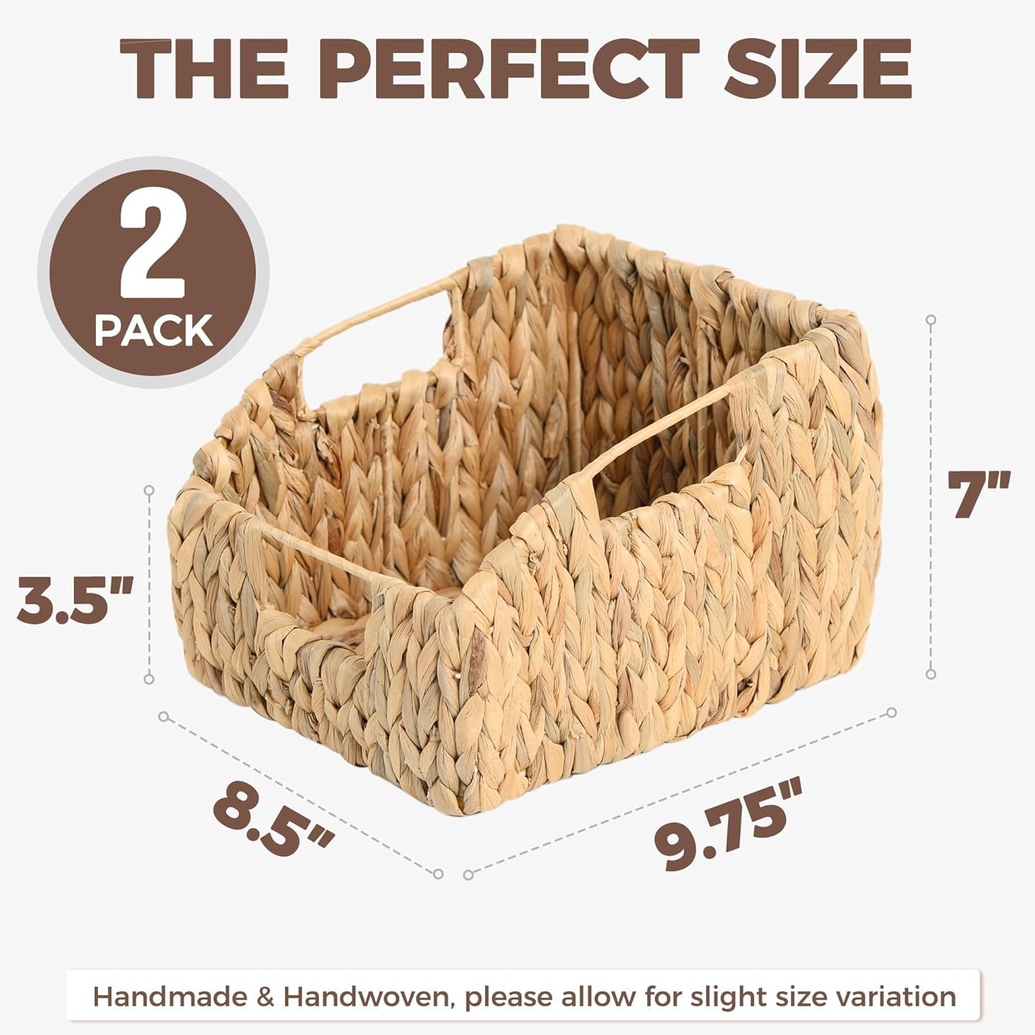 2 Pack Wicker Basket Set - Water Hyacinth Pantry Organizers with Handles for Home, Bedroom, Kitchen and More - 100% Eco-Friendly Handwoven Rattan, Simple Open-Shape Decorative Baskets