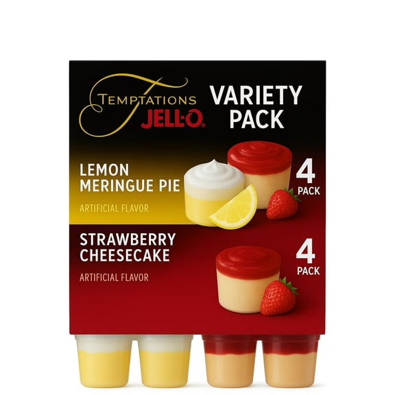 jello temptation Strawberry cheesecake & Lemon Meringue Pie Pudding Cups Snack 4 count each