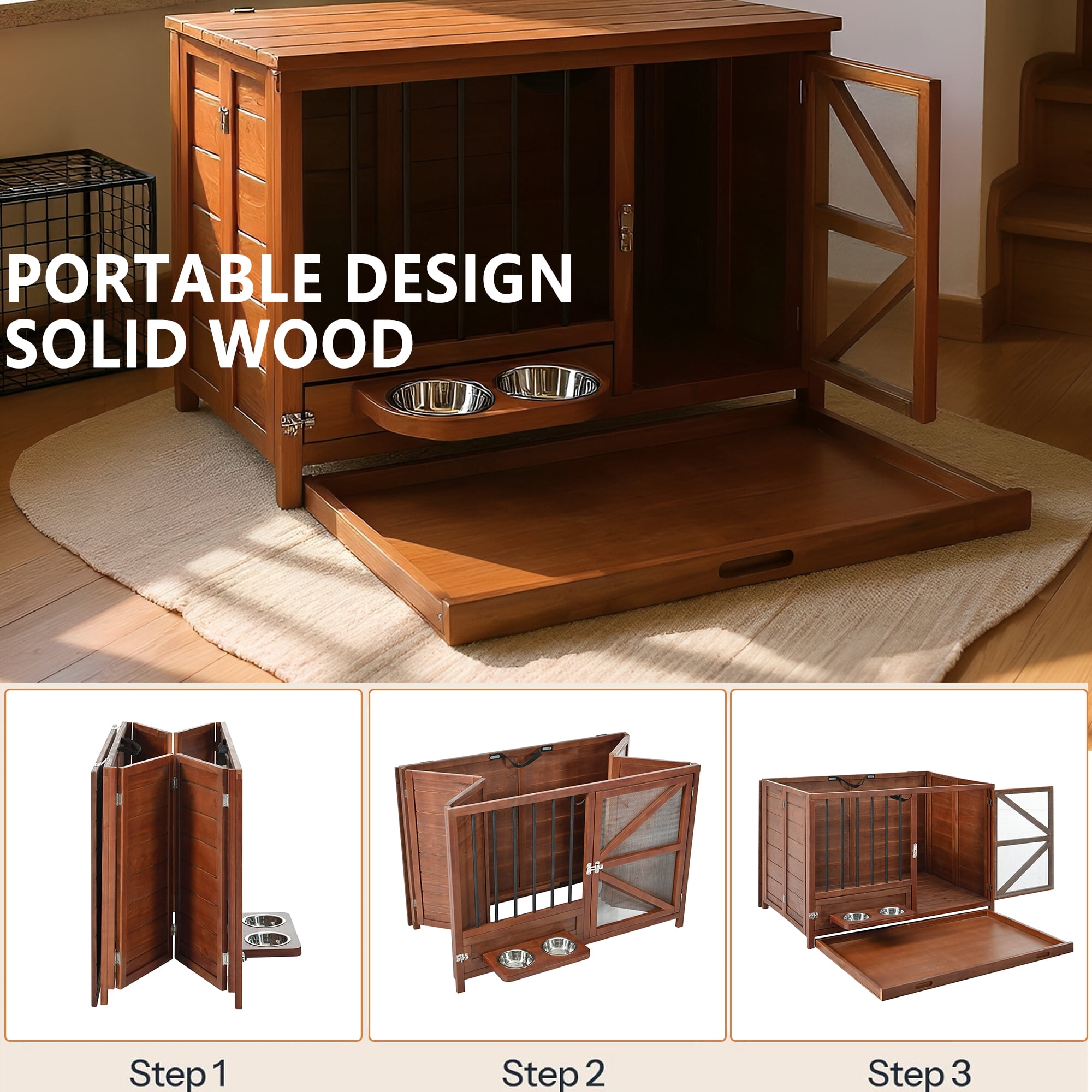 Euroco 43" Solid Wood Dog Crate Furniture, Foldable Indoor Kennel with 360° Rotating Feeder Multi-Functional End Table for Small & Medium Dogs, Portable Pet Cage with Removable Tray & Easy Assembly