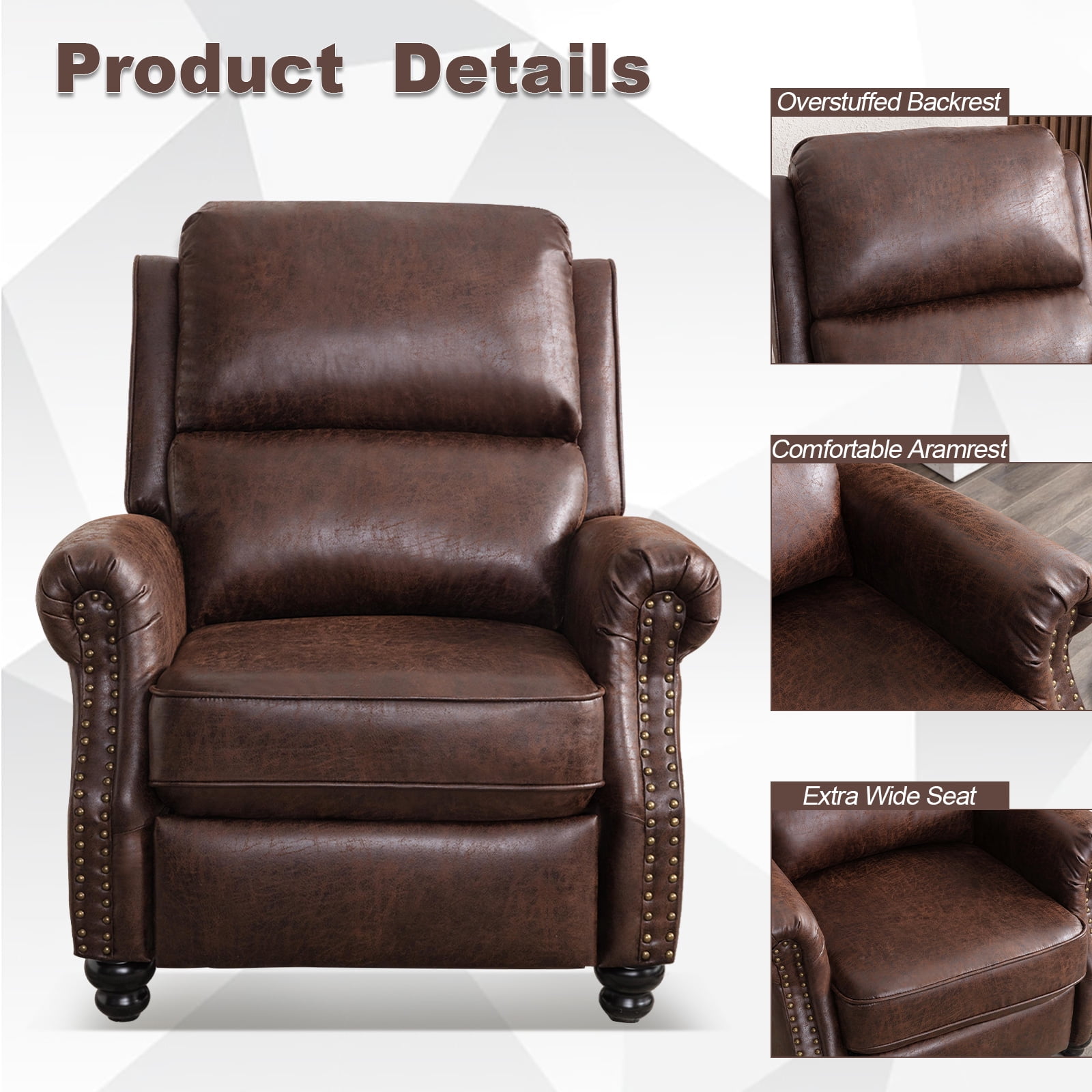 Bonzy Home Pushback Recliner Chair Leather Armchair Push Back Recliner with Nail Head Single Sofa Accent Chair for Living Room, Chestnut