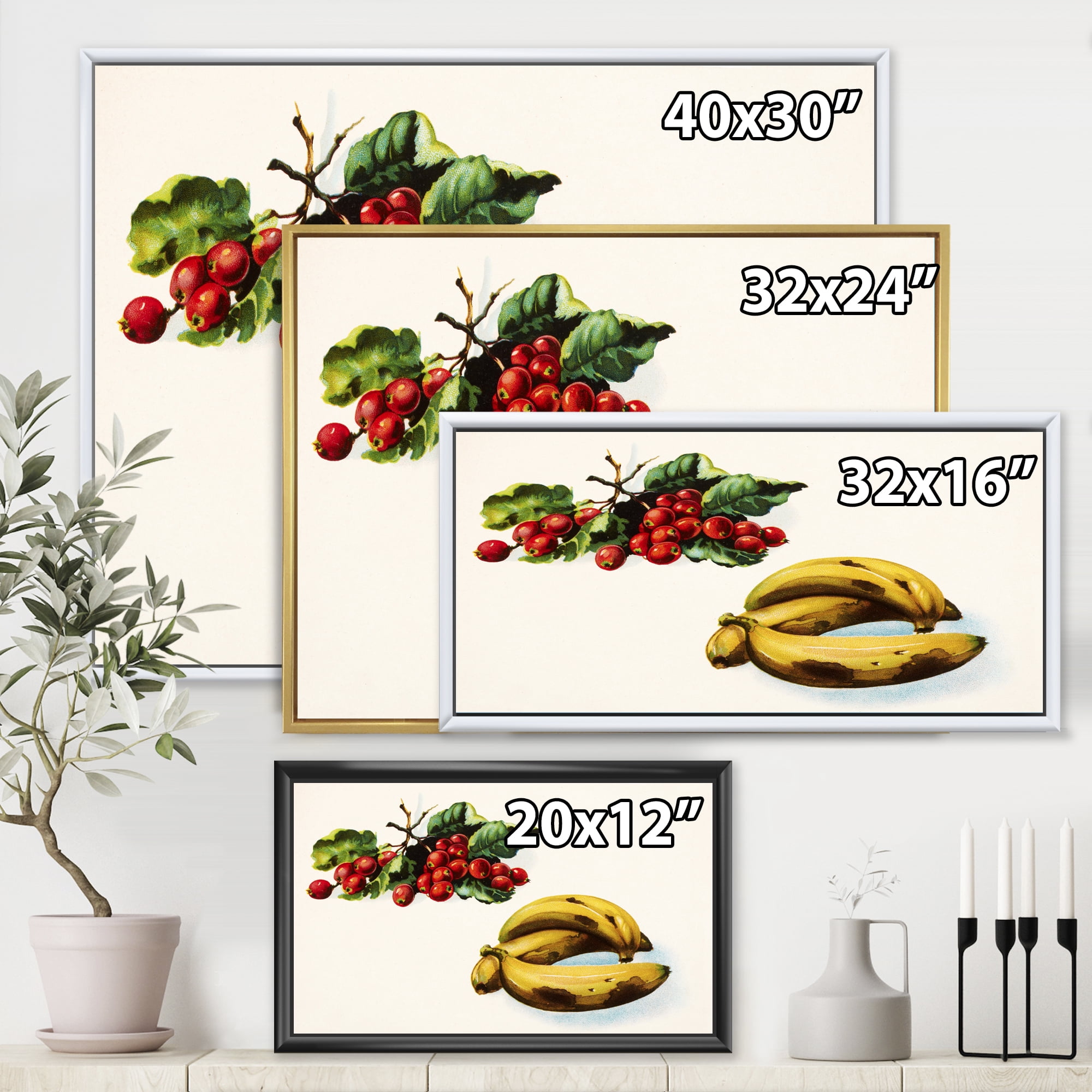 Designart 'Red Berries and Banana' Farmhouse Framed Canvas Wall Art Print