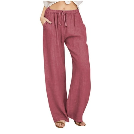 XIAOCHA Women's Drawstring Linen Pants Wide Leg Full Length Elastic Waist Trousers Breathable Soft Casual Daily Vacation Slacks