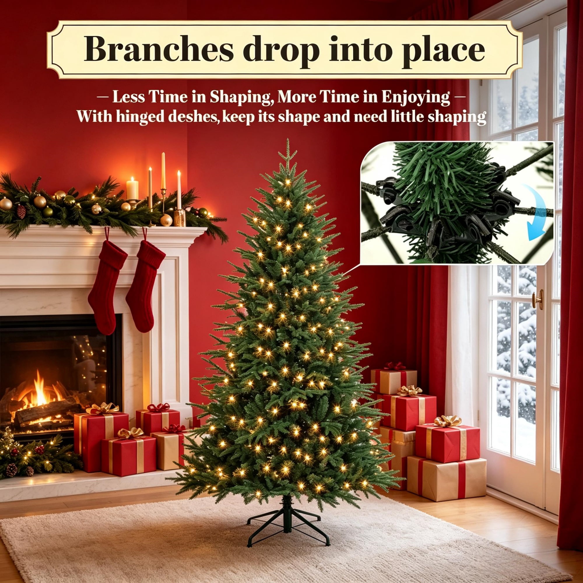 6 ft Wide Pre-Lit Christmas Tree with 300 Warm White LED Lights, 2345 Tips, Hinged Design, PE and PVC Foliage, Metal Stand