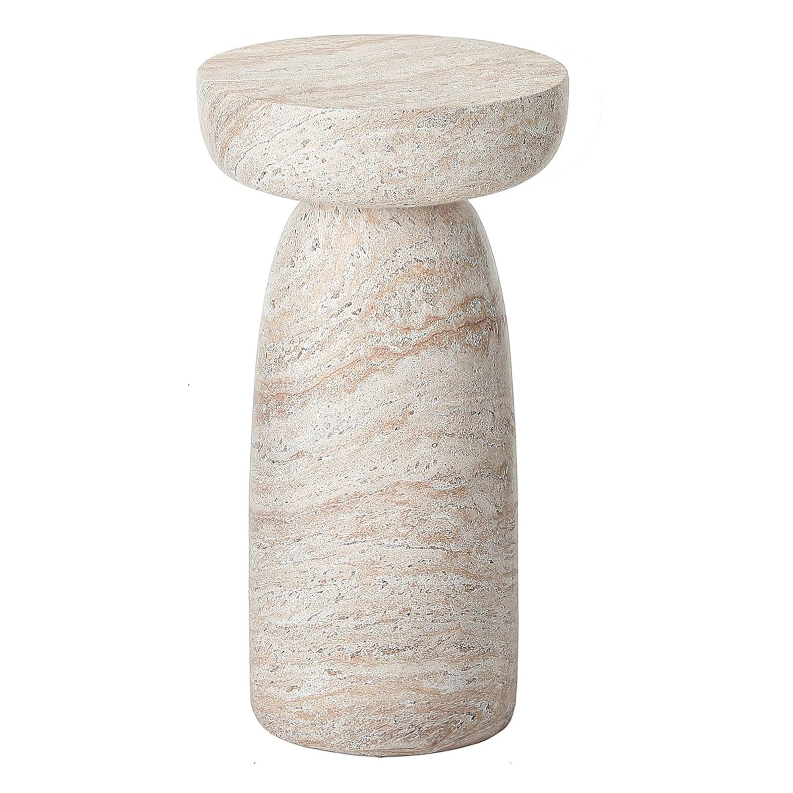 Side Table with Mushroom Shape and Natural Stone Grain, Waterproof Patio End Table and Accent Table for Balcony Yard Hallway, Beige White