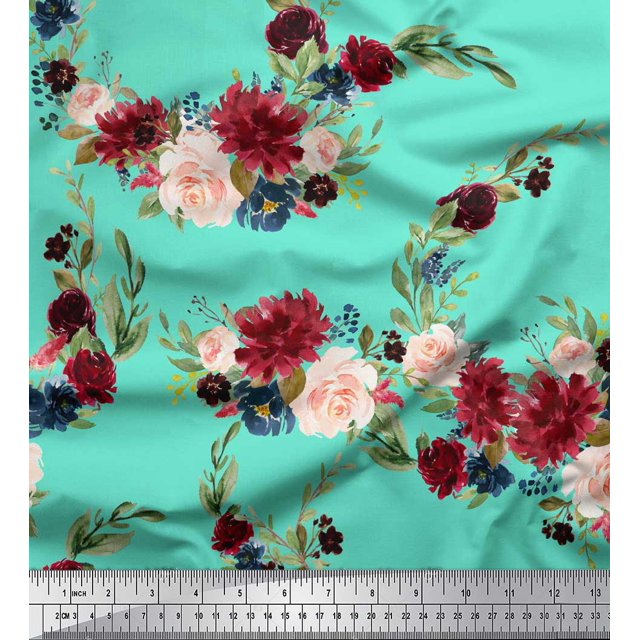Soimoi Green Rayon Fabric Ranunculus & Penoy Floral Print Print Fabric By the Yard 58 Inch Wide