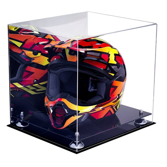 Deluxe Acrylic Motorcycle Motocross or Nascar Racing Helmet Display Case with Silver Risers and Mirror (A024-SR)