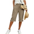 thumbnail image 2 of Capri Pants for Women Plus Size Womens Solid Color Button Rolled Hem Linen Outdoor Sport Hiking Trousers with Pockets, 2 of 6