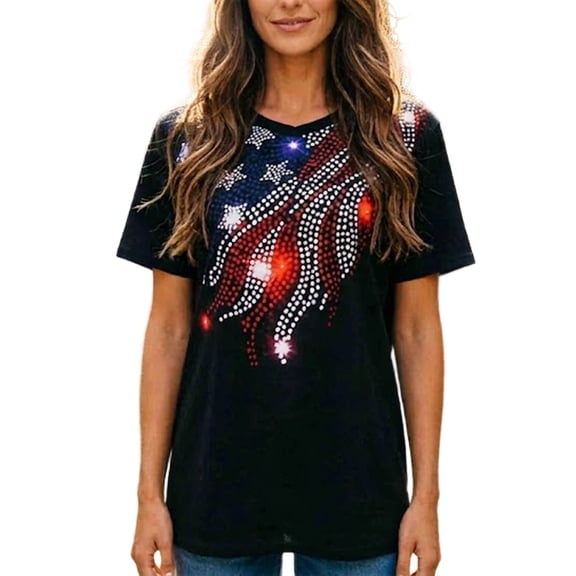 Women's Rhinestone American Flag T-Shirt V-Neck Short Sleeve Patriotic Tee for Holiday