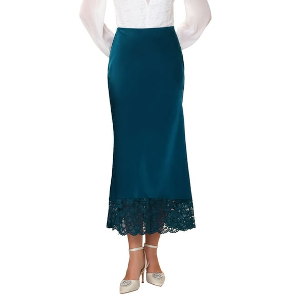 INSPIRE CHIC Valentine's Day Women's Satin Skirt Formal Lace Trim High Waist Cocktail Evening Bodycon Long Maxi Skirts S Blue
