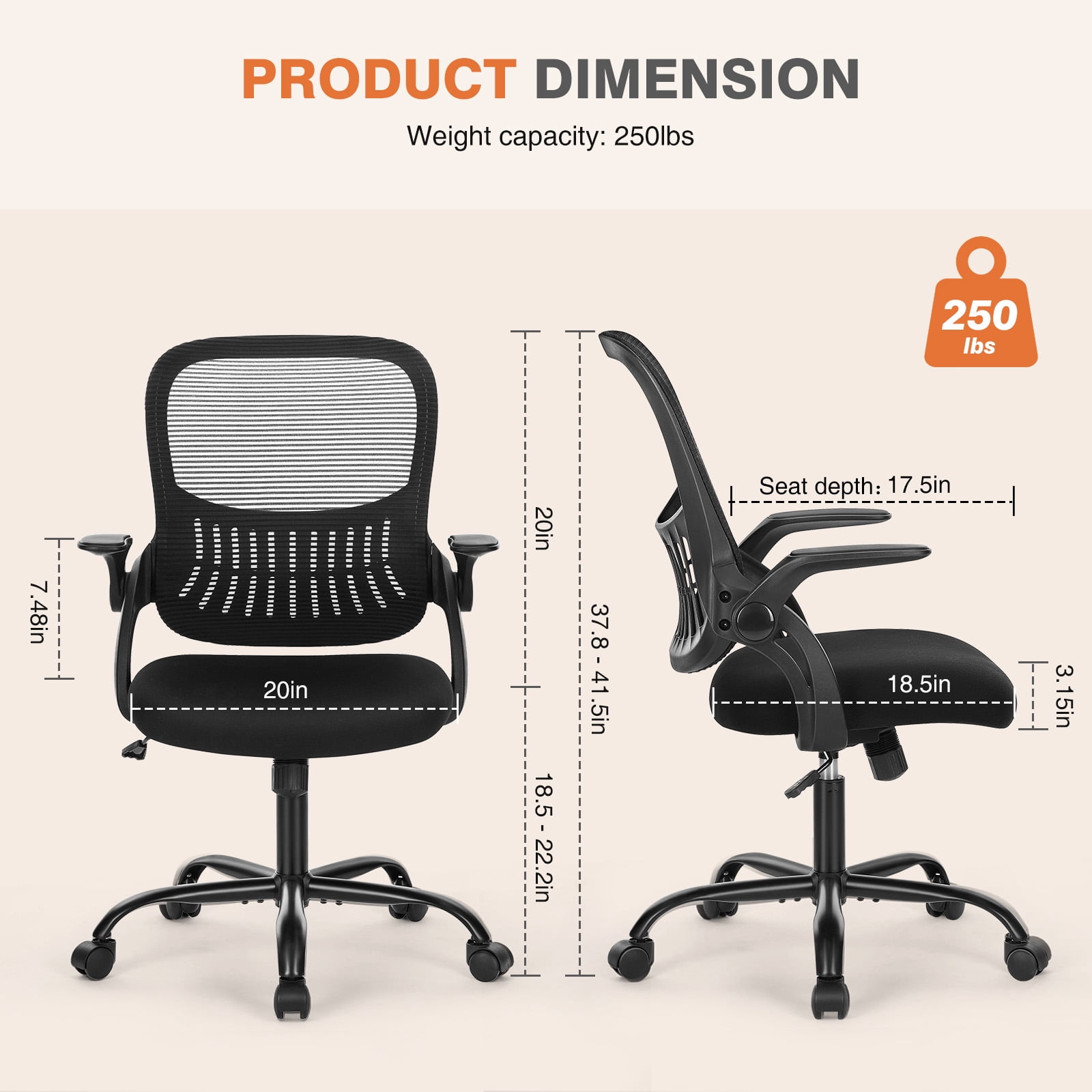 JOINSUN Office Computer Desk Chair, Ergonomic Mesh Mid-Back Rolling Work Swivel Task Chairs with Lumbar Support and Flip-up Arms for Home, Bedroom, Black