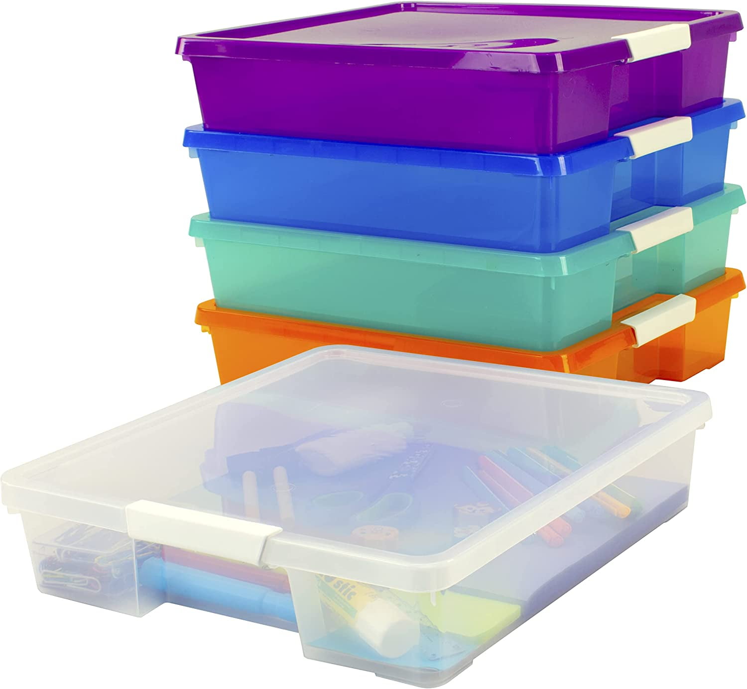 Classroom Craft Project Box – Stacking Plastic Organizer Fits 12x12 Scrapbooking Paper, Assorted STEAM Colors, 5-Pack