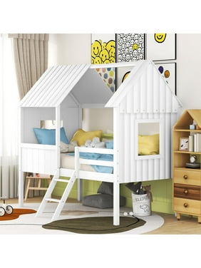 Bellemave Twin Size Low Loft Bed with Two Side Windows,Wood Loft Bed,Twin Size House Bed Frame for Kids,Girls,Boys(White)