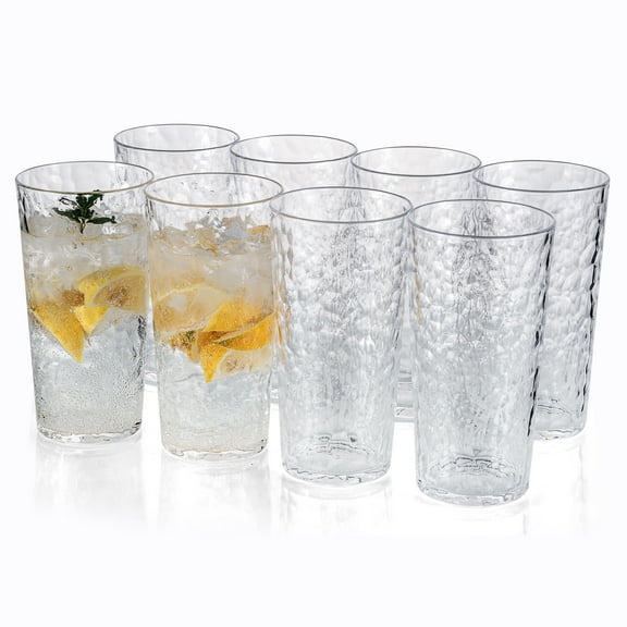 ZAINCA Hammered 24 Ounce Plastic Drinking Tumbler Acrylic Glasses, Set of 8 Clear