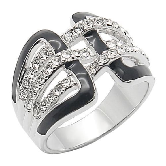 Luxe Jewelry Designs Women's Rhodium Plated Brass Ring with Black Epoxy and Clear Cubic Zirconia -