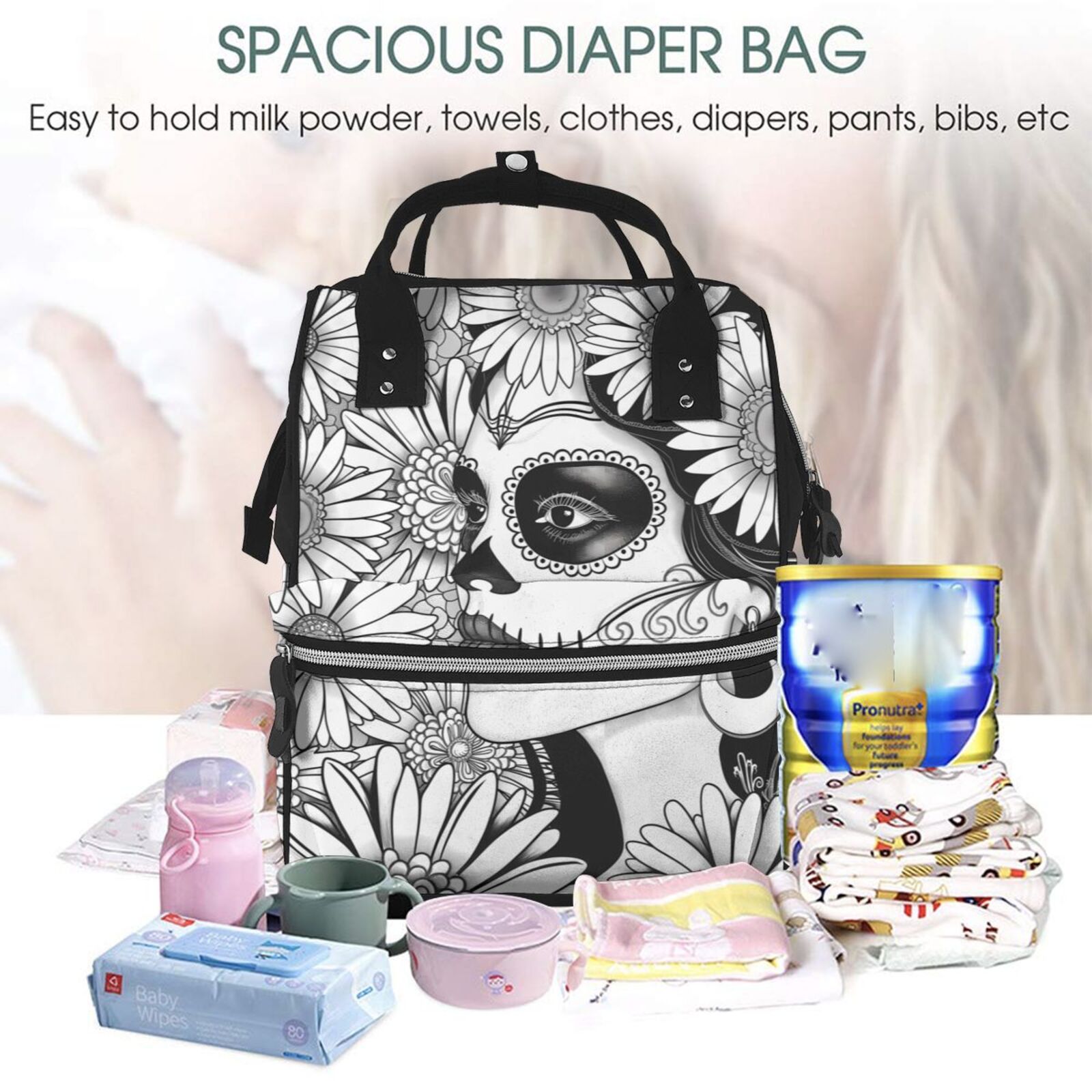 Defioc Floral Sugar Skull Portrait for Baby Diaper Bag Backpack - Baby Bag for Boys & Girls - Diaper Backpack - Large Travel Diaper Bags- Baby Registry Search & Shower Gifts