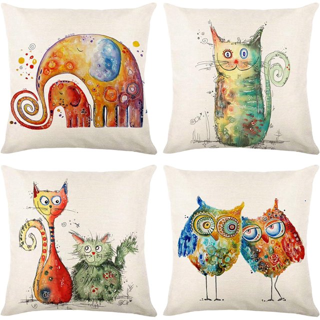 Juego de 4 fundas de almohada decorativas para sofá, 45 x 45, para dormitorio, sofá, silla, cama, jardín (animales-lino)