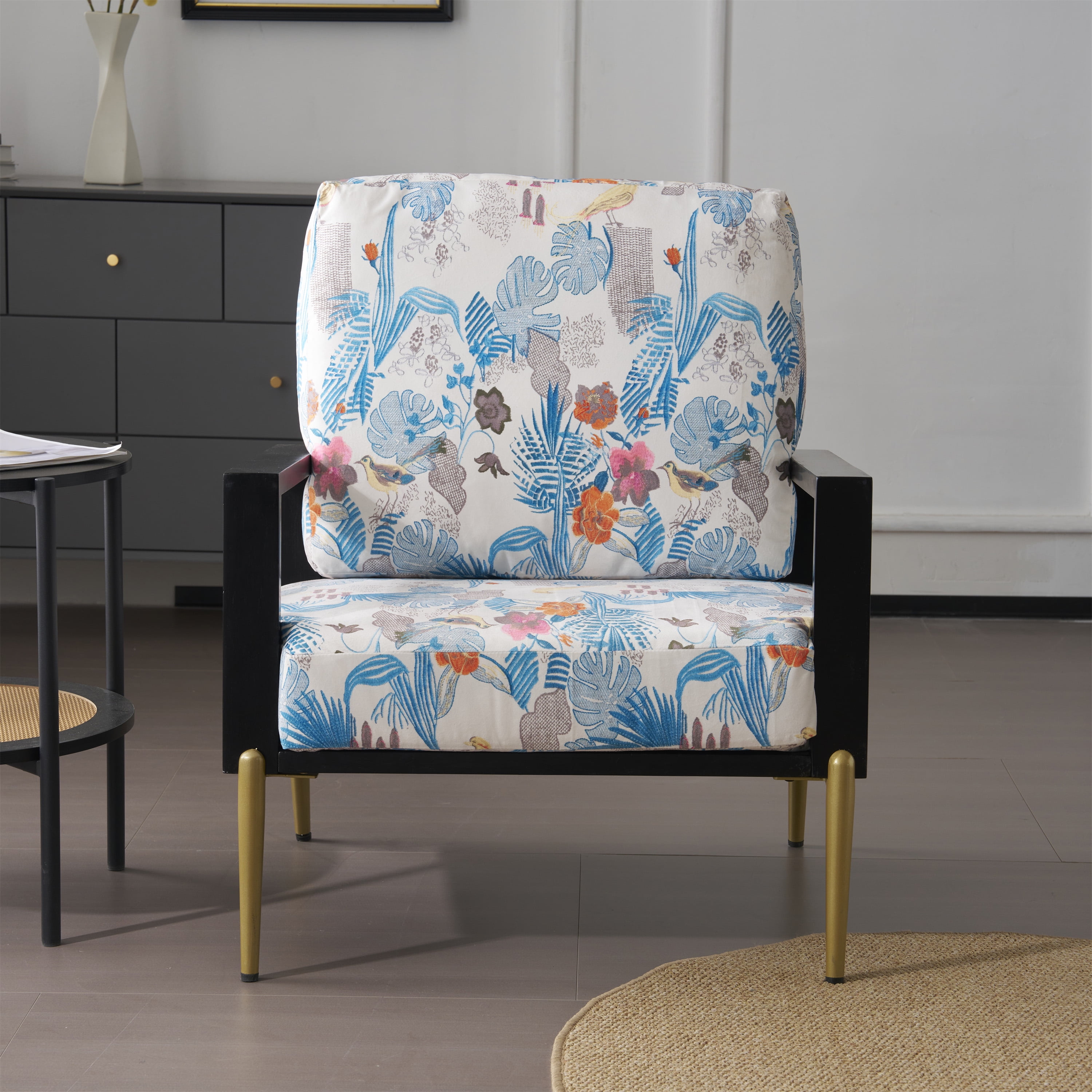 Euroco Accent Armchair with Gold Adjustable Legs, Low-Back Design, and Rubberwood Frame – Oriental Meets American Vintage Elegance