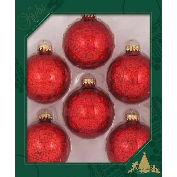 Glass Christmas Tree Ornaments - 67mm / 2.63" [6 Pieces] Designer Balls from Christmas By Krebs Seamless Hanging Holiday Decor (Crimson Red Spangle)