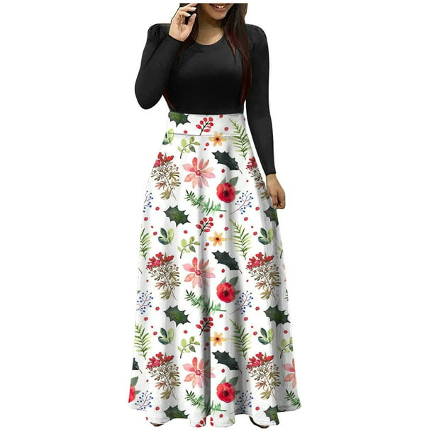 Vestido largo de manga larga con cuello redondo y estampado floral